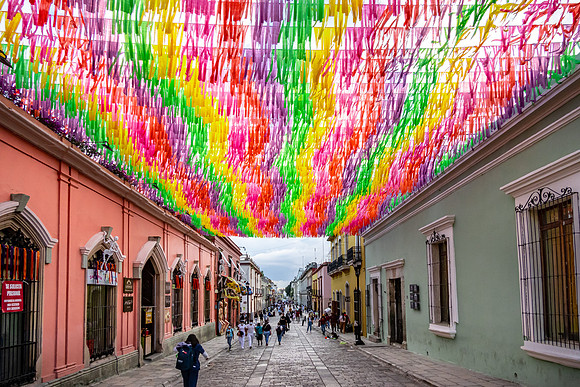 Banners over Calle Macedonio Acala, Oaxaca