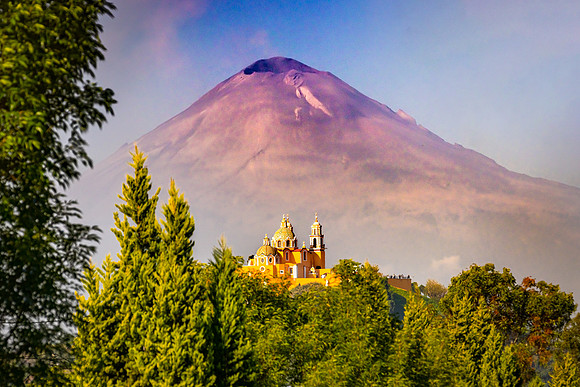 Cholula Our Lady of Remedies; Popocatapetl Volcano