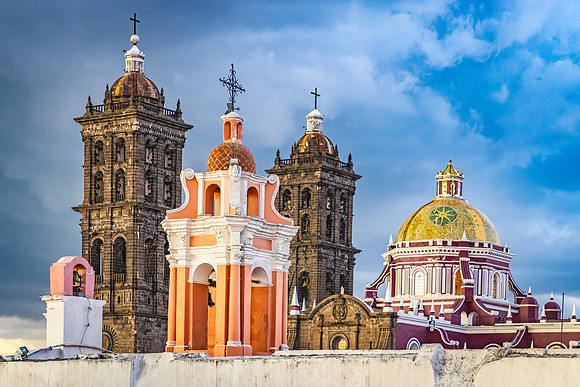 Puebla Cathedral Spires, from Amparo Museum Cafe
