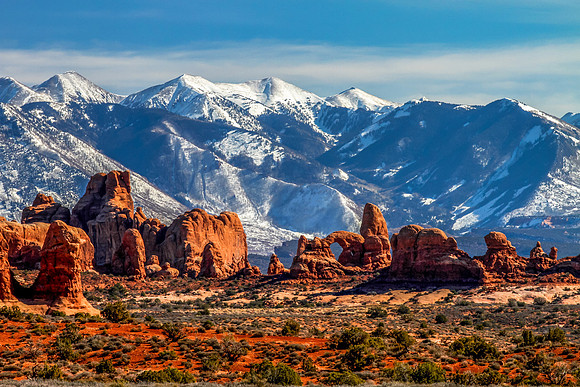 Double Arch, La Sal Mountains backdrop, Arches NP