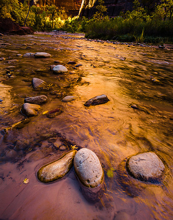 Boulders and Canyon Light in the Virgin River, Zion NP