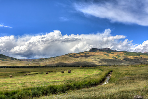 Flattop Mountain, Ranchland with Hay Bales, Jack's Cutoff Road near Almont, CO
