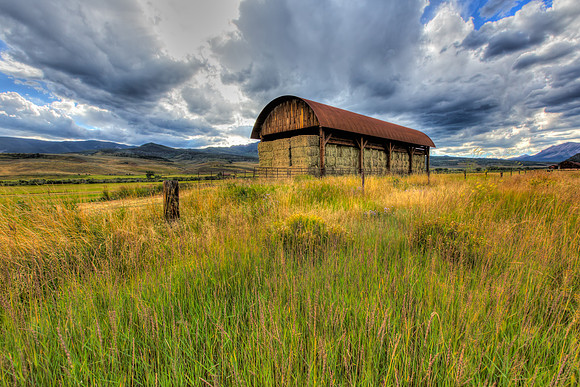 Grasses, Hay Barn, Clouds; Ohio Creek Road