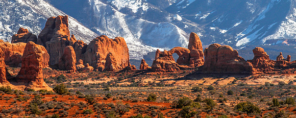 Double Arch, La Sal Mountains backdrop, Arches NP (Panorama)